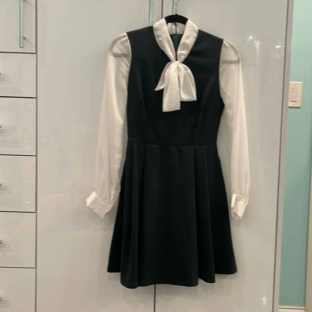 Unique Vintage, size Small, dark green dress with sheer sleeves and ribbon tie